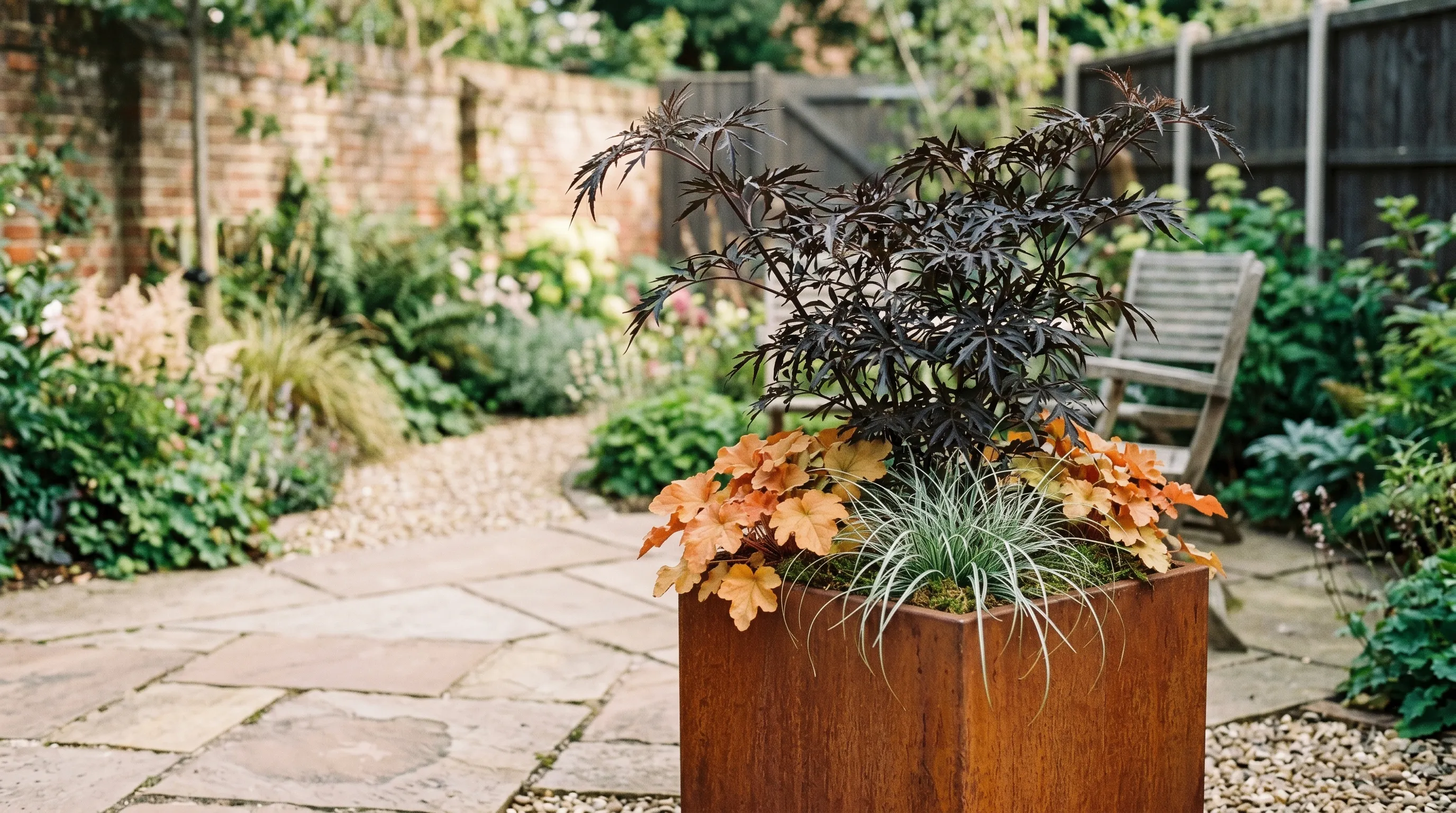 A 50cm Corten steel planter with Sambucus Black Lace as the dark signature shrub Heuchera Marmalade and silver Carex below in a contemporary UK back garden