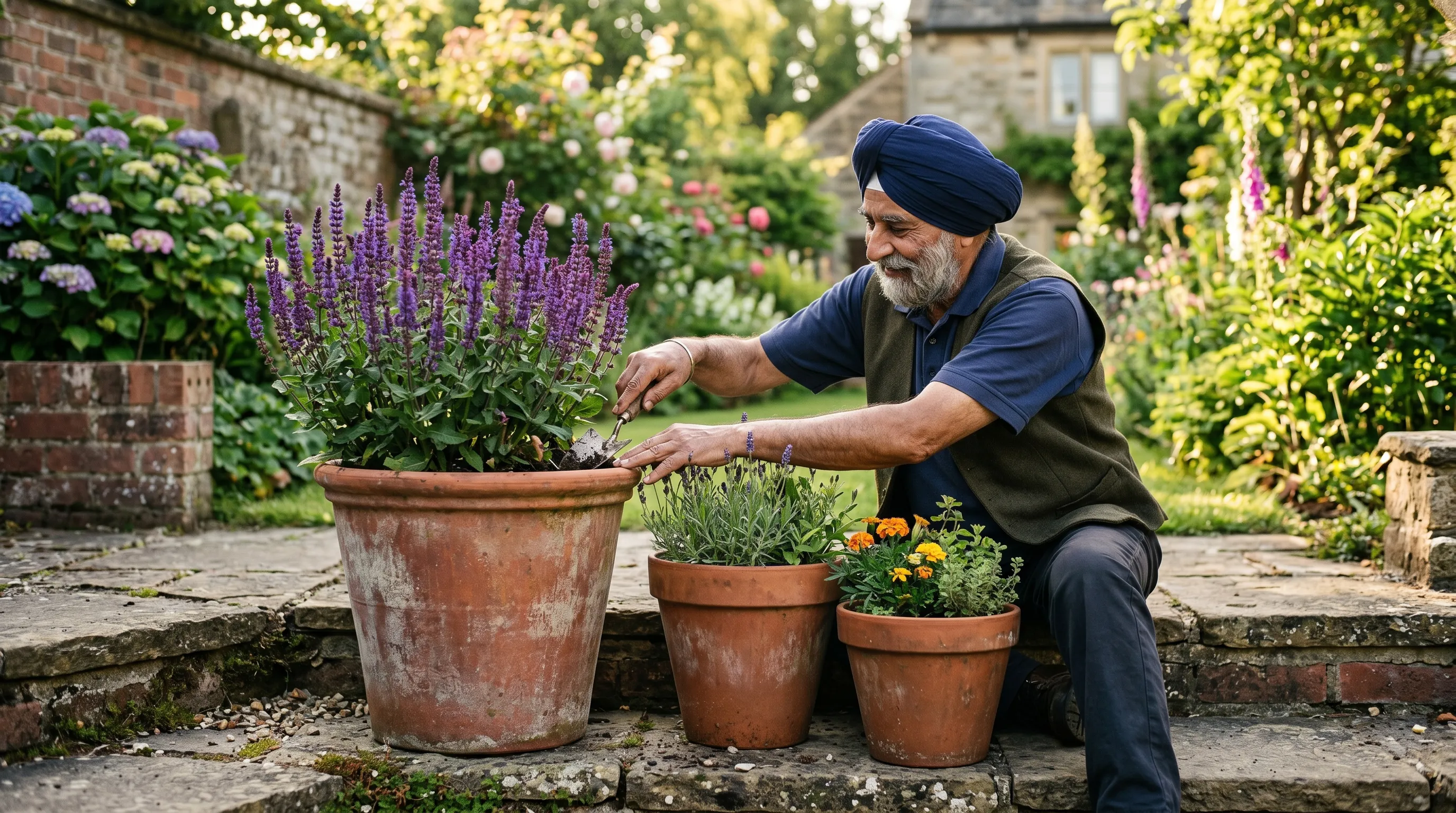 A formal grouping of three terracotta pots of different sizes on UK terrace steps with a Sikh gardener tending a Salvia plant in the largest pot in afternoon golden light