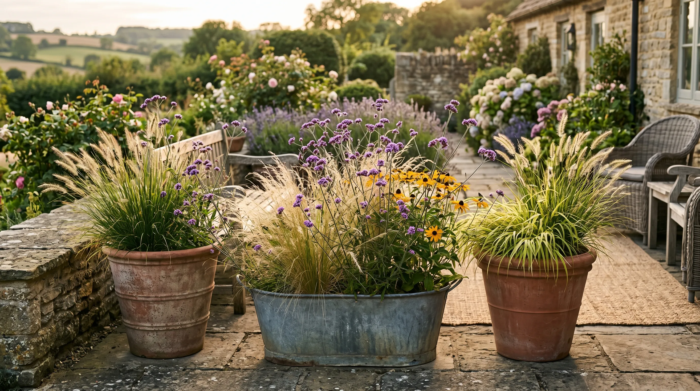 Three large terracotta and zinc planters on a UK terrace in late summer with a sophisticated mix of grasses Verbena bonariensis and Pennisetum in afternoon golden light