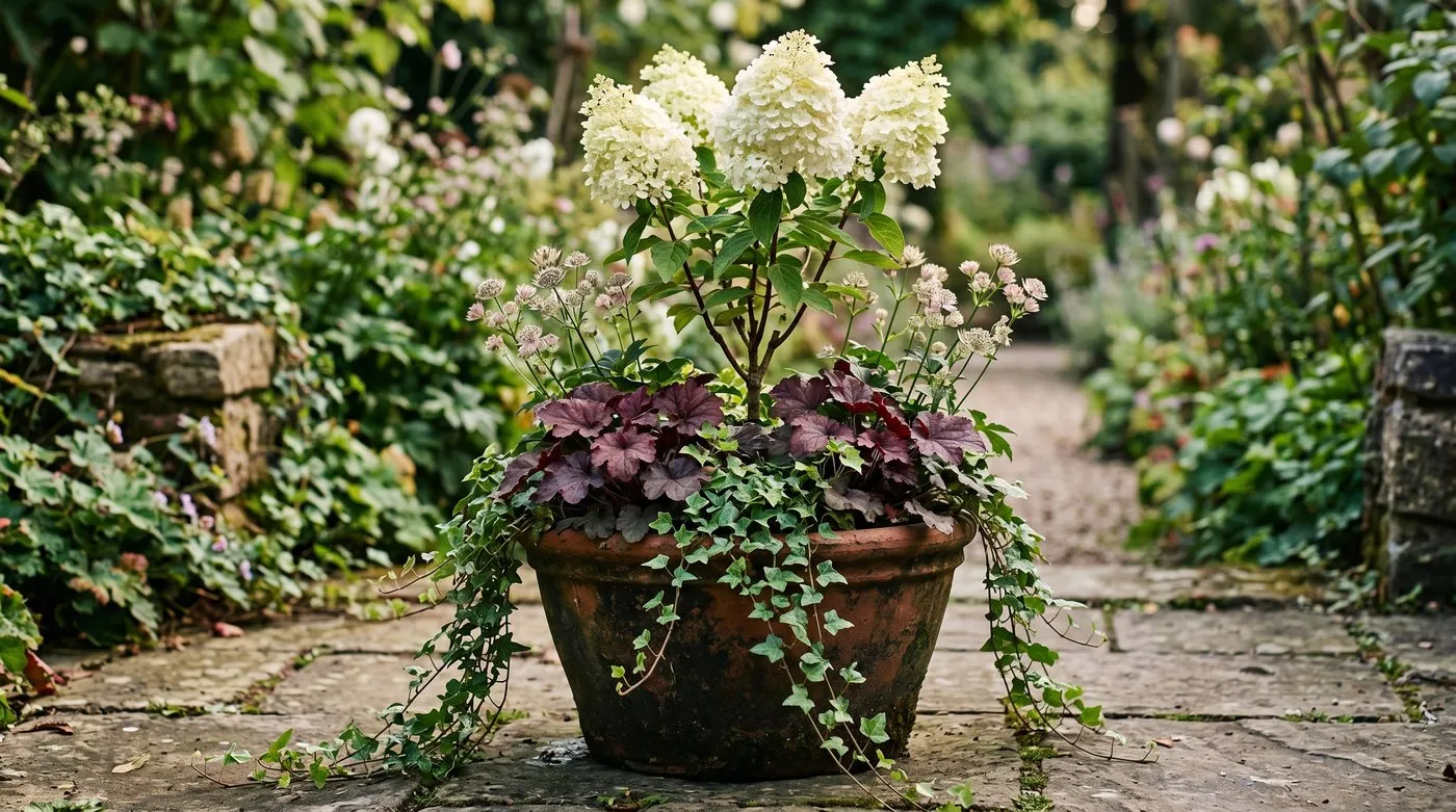Close-up of a terracotta planter with a single Hydrangea paniculata as the signature plant surrounded by Heuchera Astrantia and trailing ivy in soft afternoon light