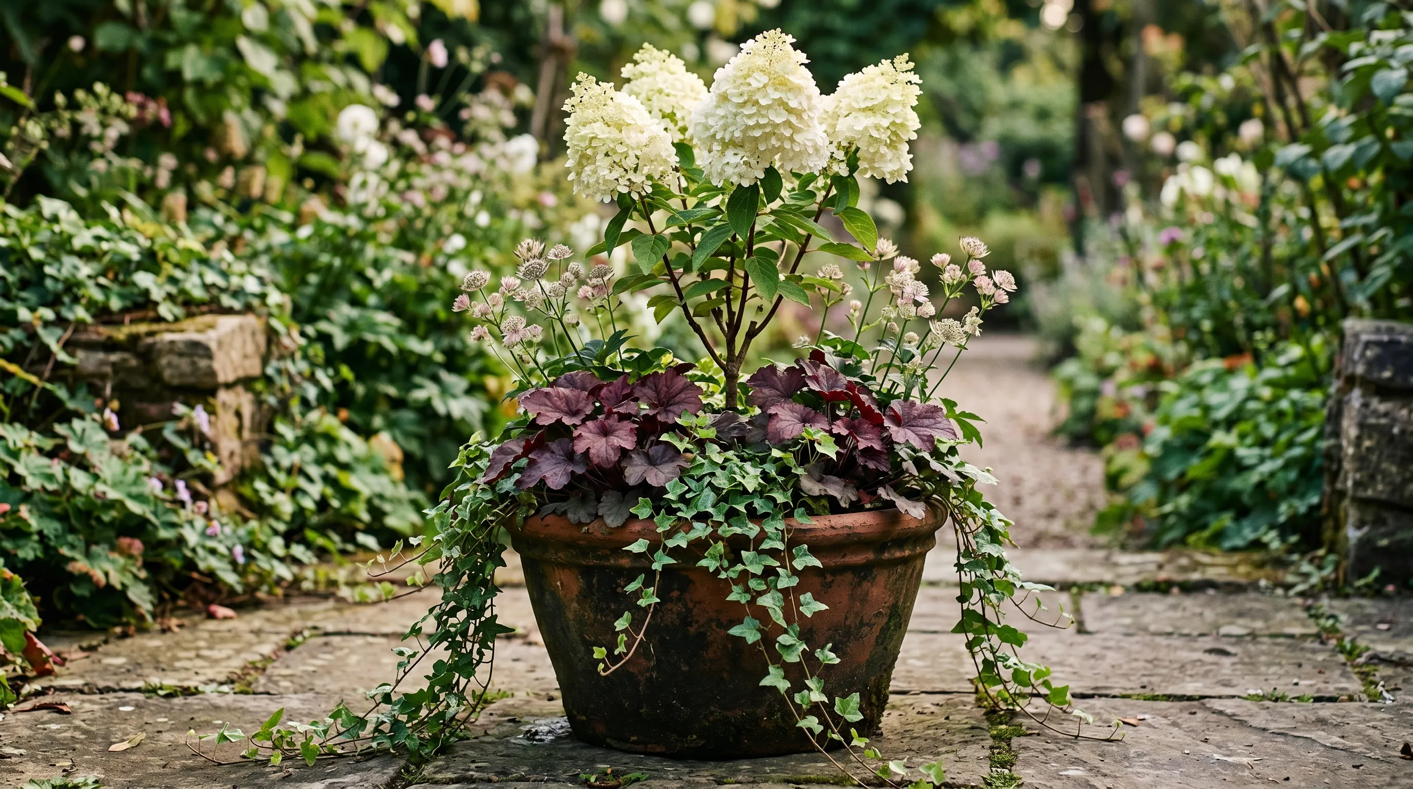 Close-up of a terracotta planter with a single Hydrangea paniculata as the signature plant surrounded by Heuchera Astrantia and trailing ivy in soft afternoon light