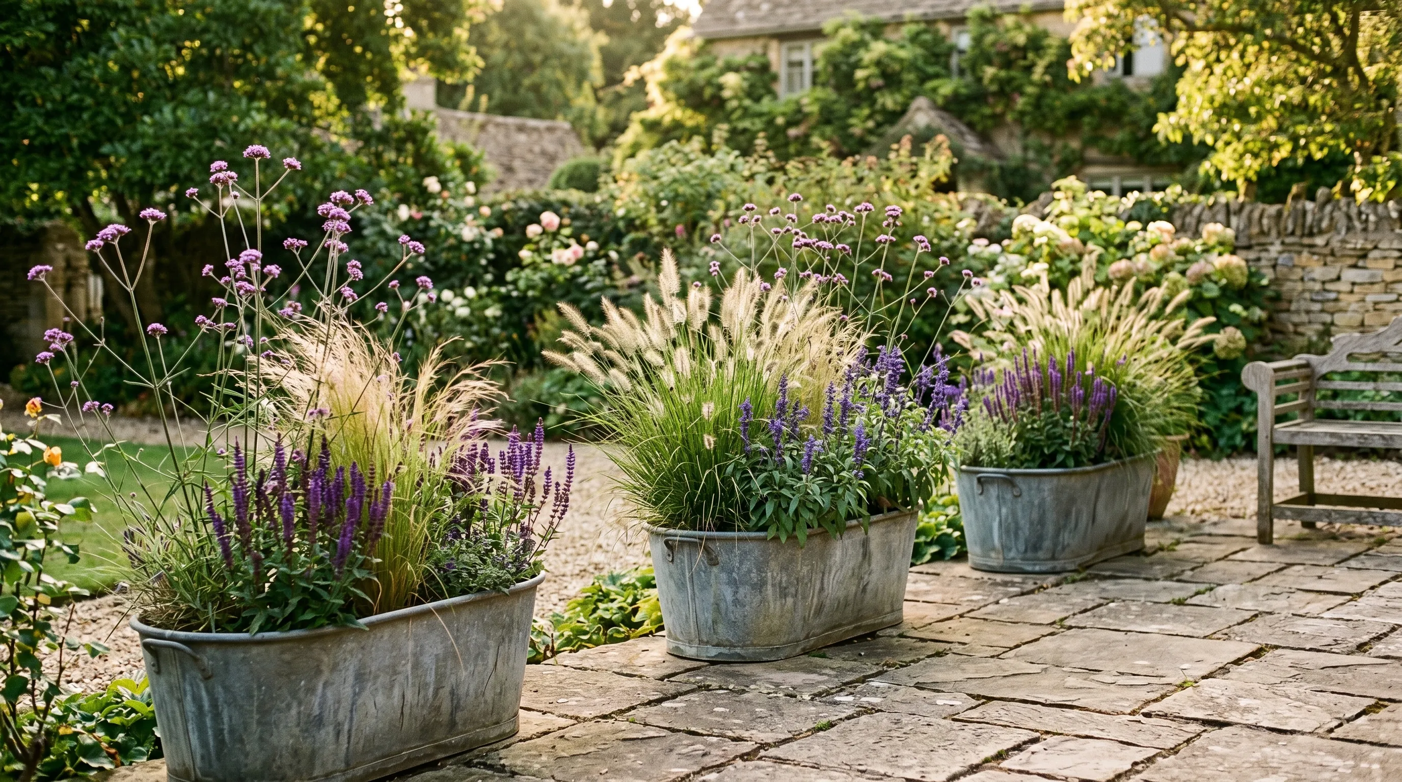 Three large zinc planters on a UK garden terrace in summer with Pennisetum grasses Verbena bonariensis and Salvia in editorial restrained planting style