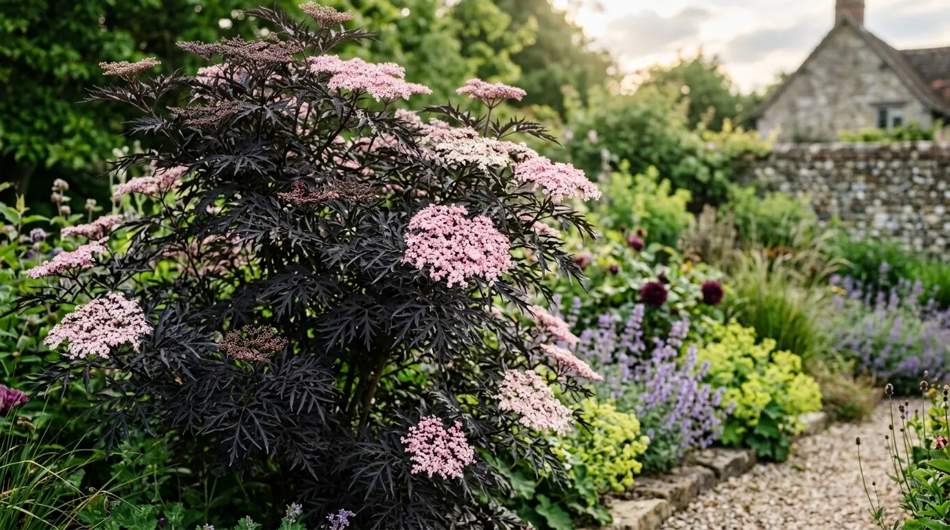 Ornamental elderberry Black Lace with dark purple foliage in a UK garden