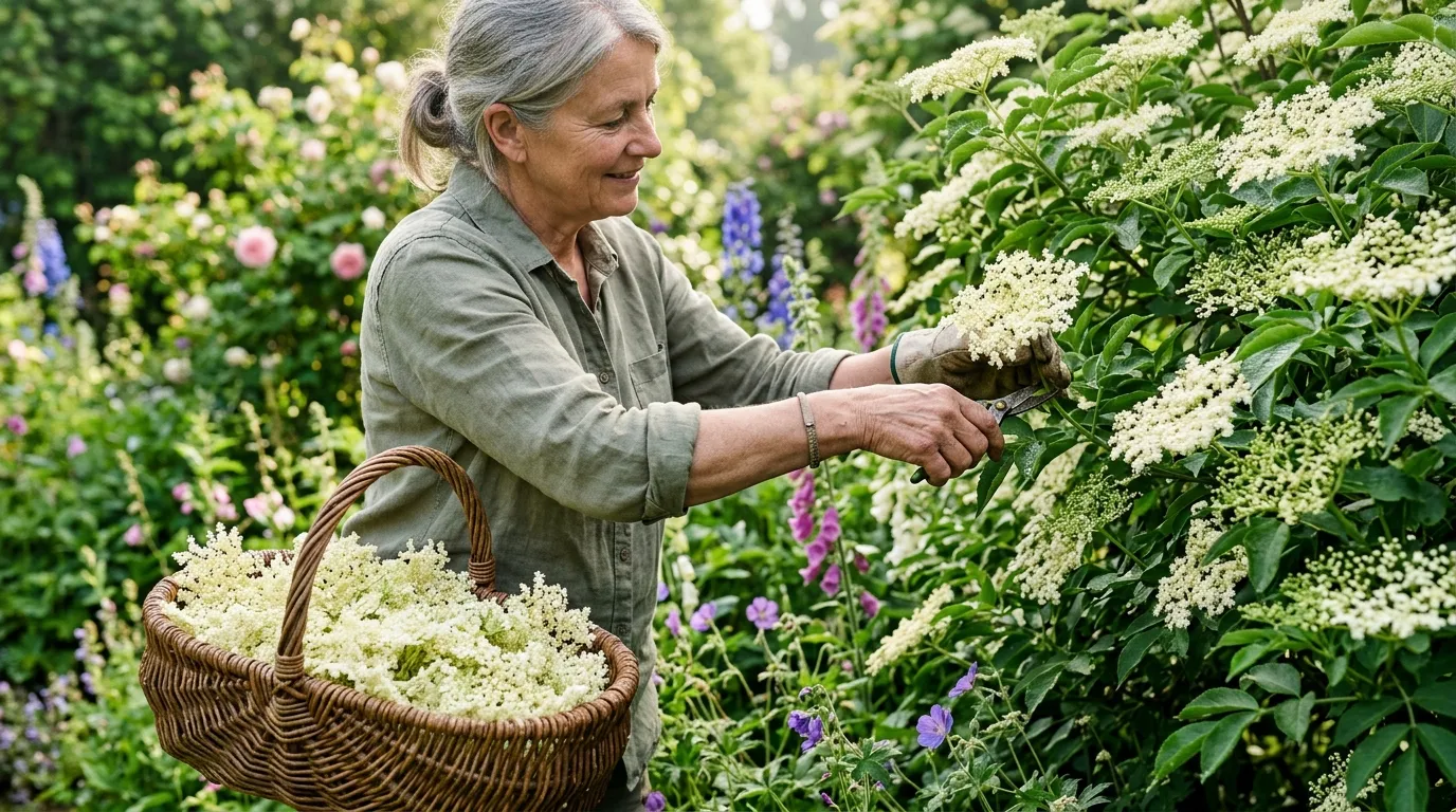 Elderberry flowers being harvested for making elderflower cordial