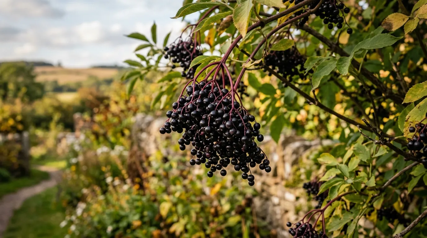 Ripe elderberries being harvested from a bush in autumn