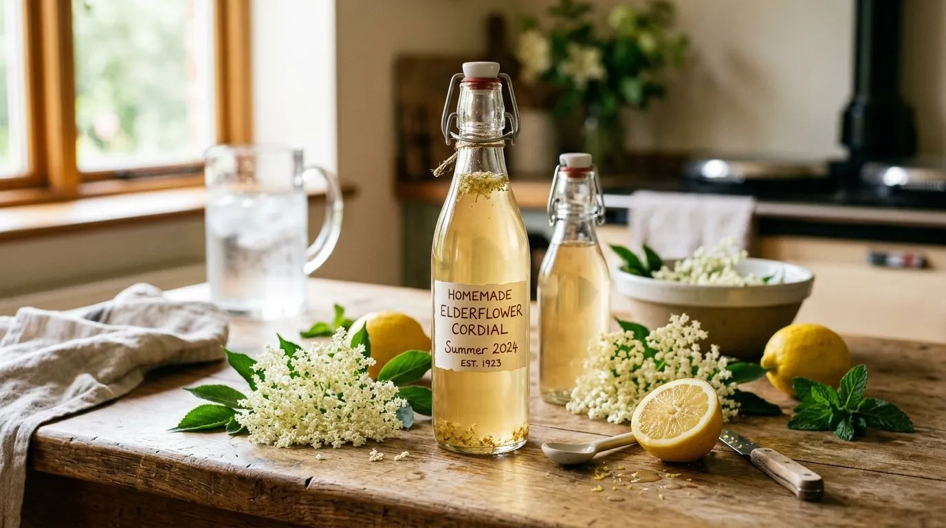 Bottle of homemade UK elderflower cordial next to fresh foraged elderflower heads and lemons on a wooden kitchen worktop