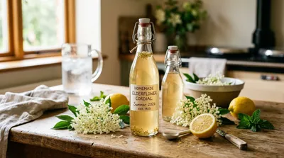 Bottle of homemade UK elderflower cordial next to fresh foraged elderflower heads and lemons on a wooden kitchen worktop