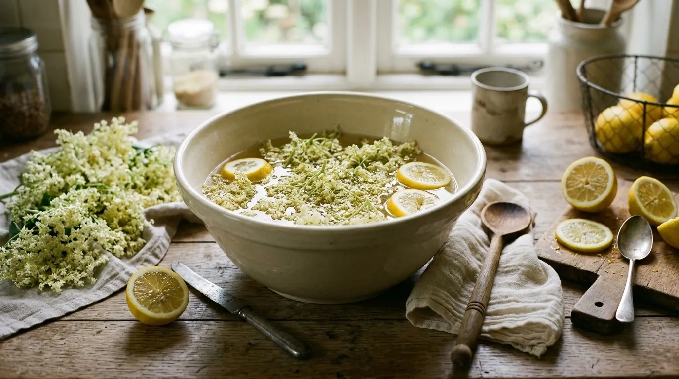 Fresh foraged UK elderflower heads steeping in lemon and sugar syrup in a heatproof bowl