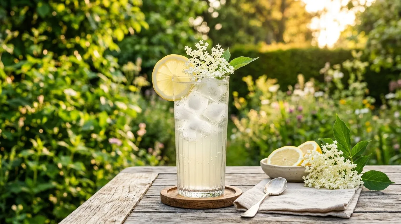 Glass of UK elderflower cordial with sparkling water lemon slice and elderflower garnish on a garden table