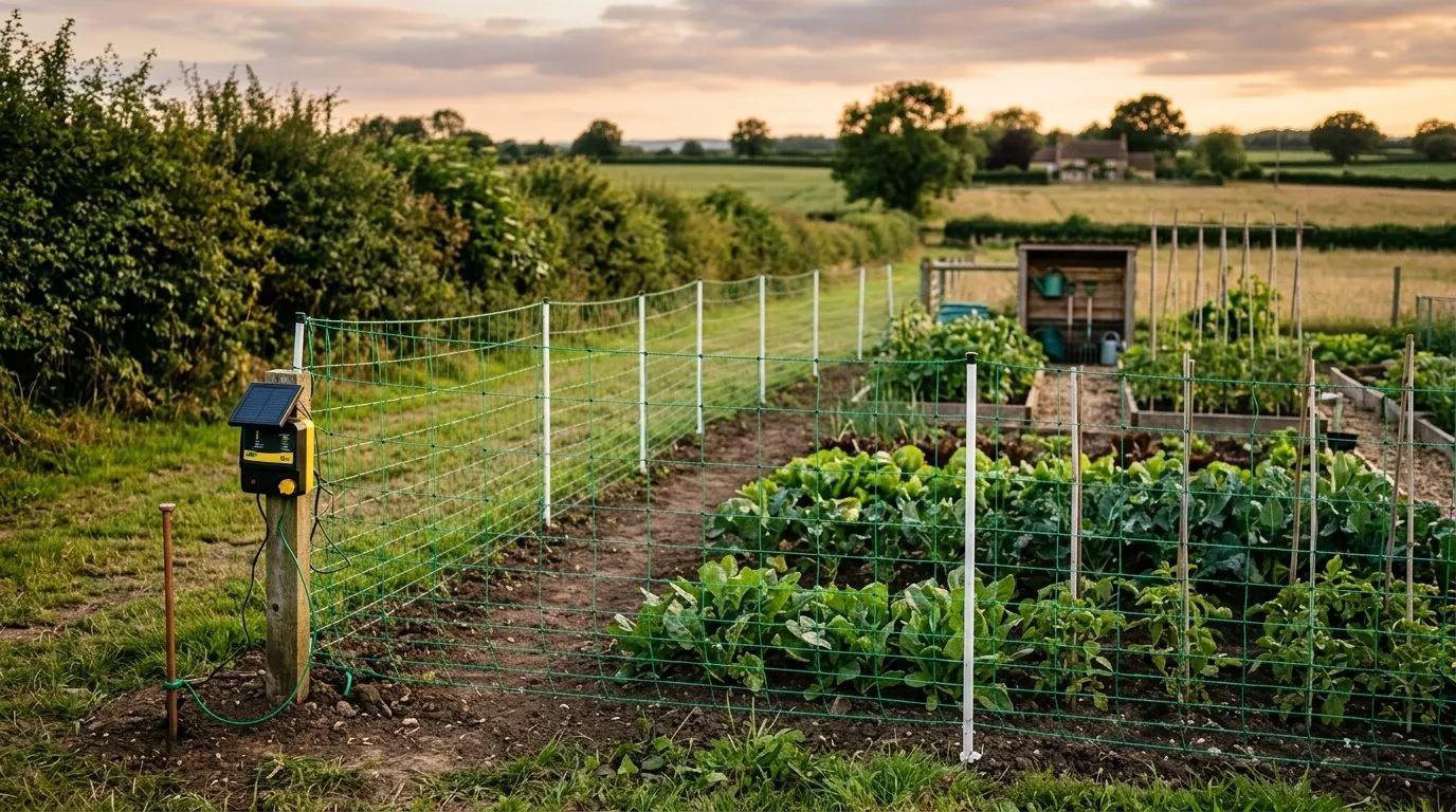 Electric rabbit netting protecting a vegetable plot on a rural smallholding at dusk