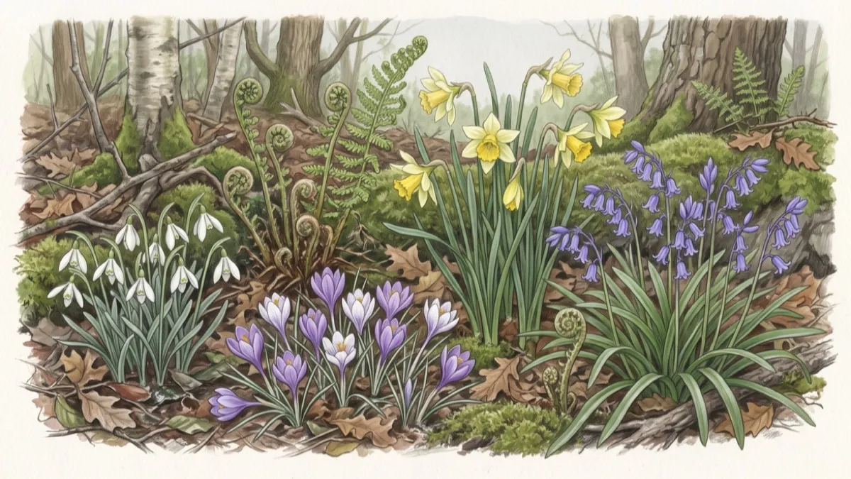 Hand-drawn woodland edge with snowdrops, yellow daffodils, purple crocuses, bluebells and ferns beneath deciduous trees
