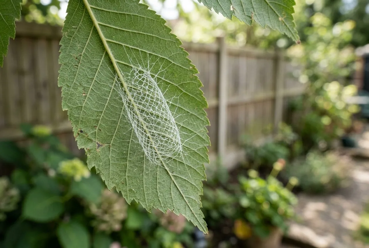 A close-up of a delicate net-like elm zigzag sawfly cocoon spun on the underside of an elm leaf in a UK suburban garden