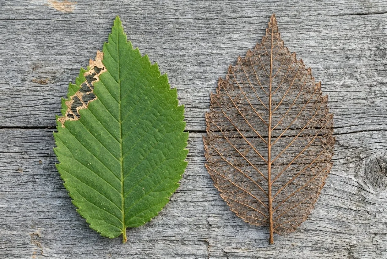 A side-by-side diagnostic comparison of two elm leaves, the left showing fresh light zigzag damage and the right showing heavy late-season feeding reduced almost to the veins, both photographed in late summer