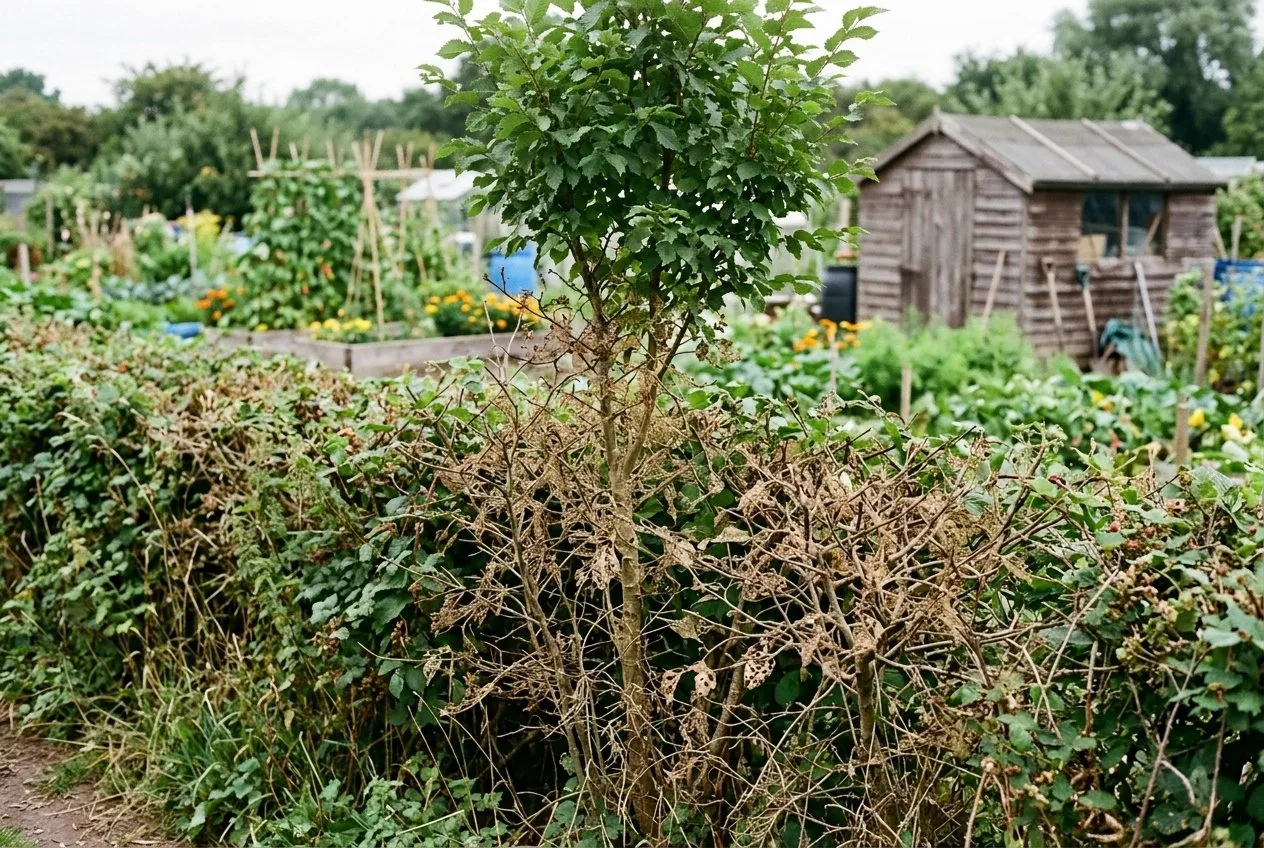 A wide editorial photograph of a partly defoliated young field elm in a UK allotment hedge in August, leaves reduced to veins on several branches while the upper crown stays green