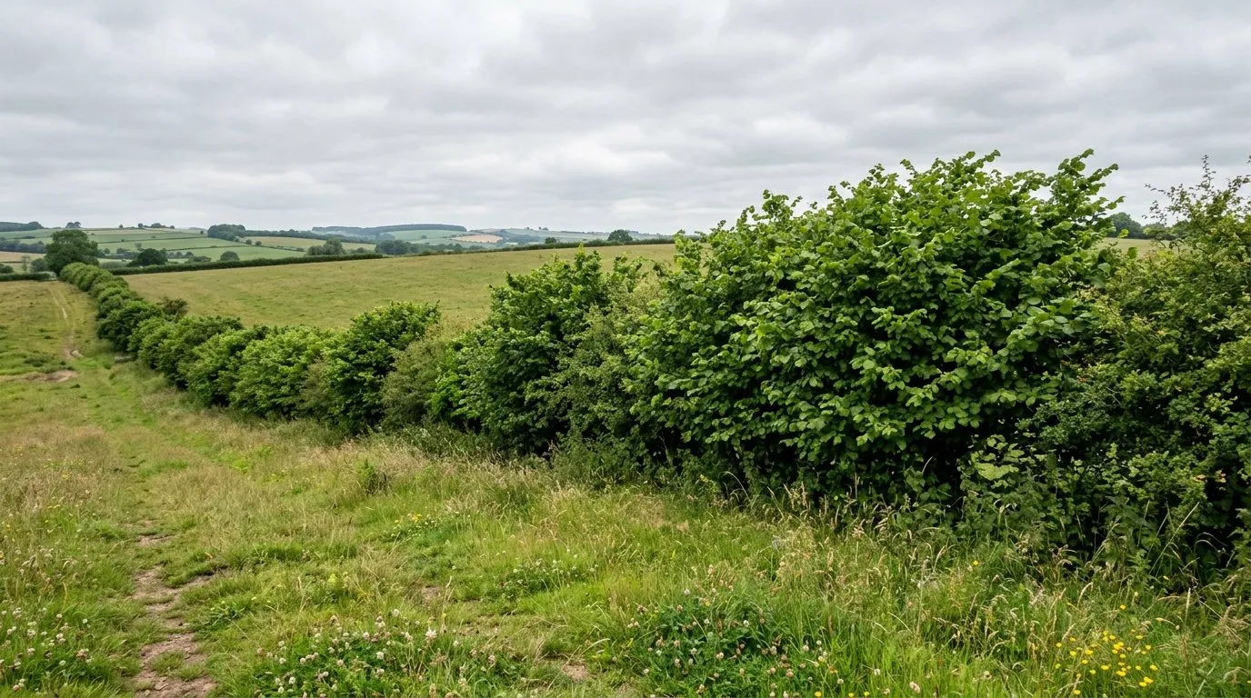 A broad UK countryside scene of an elm-rich hedgerow on a Staffordshire field boundary in summer, healthy green foliage against a grey overcast sky