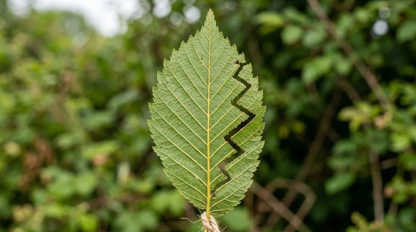 A diagnostic close-up of a UK elm leaf showing the distinctive zigzag feeding trail eaten by elm zigzag sawfly larvae from the leaf edge inwards