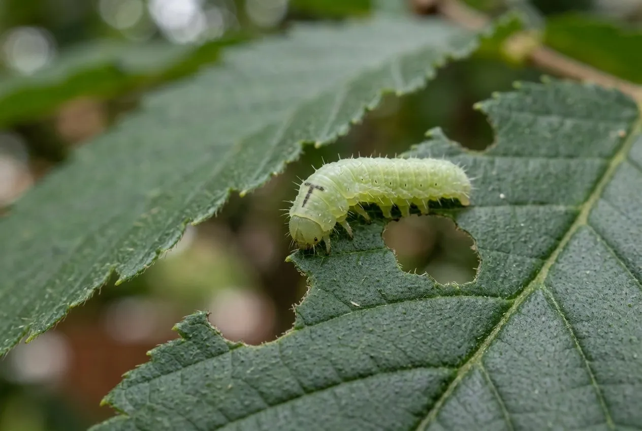 An extreme close-up of a single pale green elm zigzag sawfly larva, about 12mm long, resting on the edge of a freshly eaten zigzag notch on an elm leaf in a UK garden