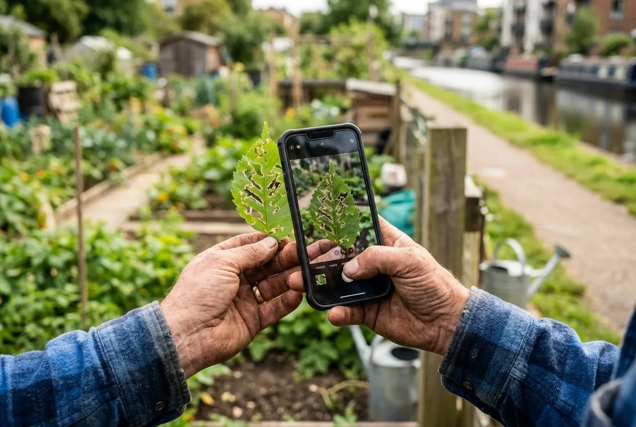 A UK gardener's hand holding a smartphone photographing the zigzag damage on an elm leaf to report the sighting, in a city allotment setting