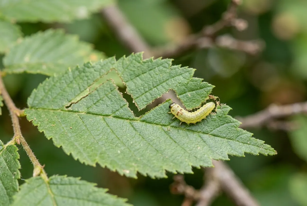 A diagnostic macro photograph of a wych elm leaf in a Staffordshire hedgerow showing the sharp zigzag feeding trail cut inwards from the leaf edge with a small pale green sawfly larva at the working edge