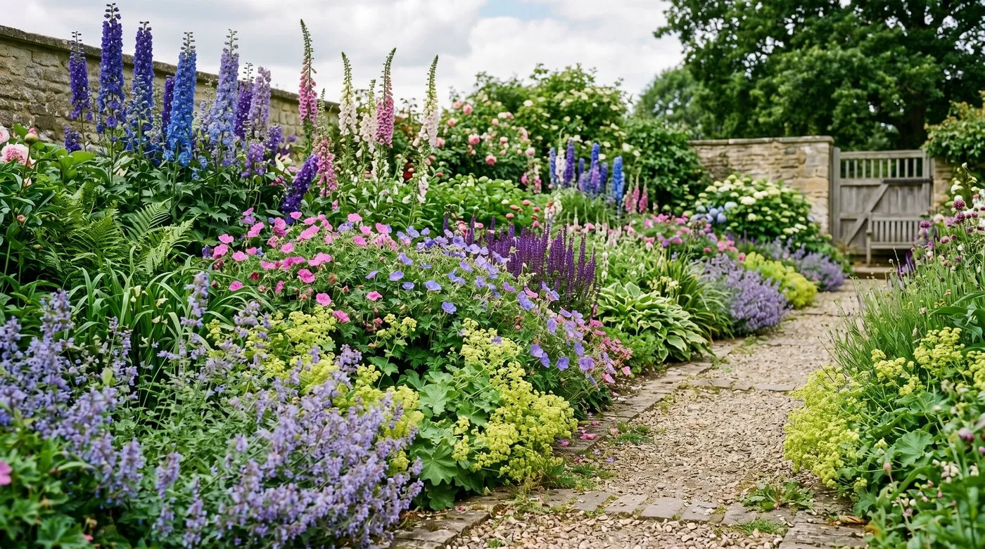 A deep layered herbaceous border in an English country garden, with tall delphiniums behind, geraniums in the middle and catmint spilling onto a path