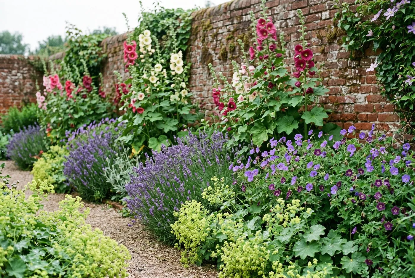 Classic cottage garden plants: hollyhocks, hardy geraniums, lady's mantle and lavender against a brick wall