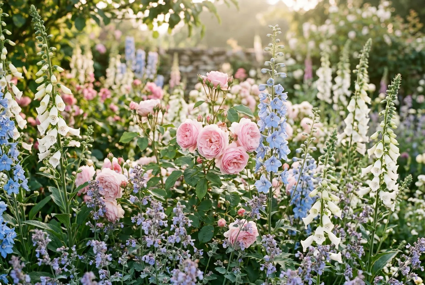 Soft pastel English country palette of pink roses, blue delphiniums, mauve catmint and white foxgloves