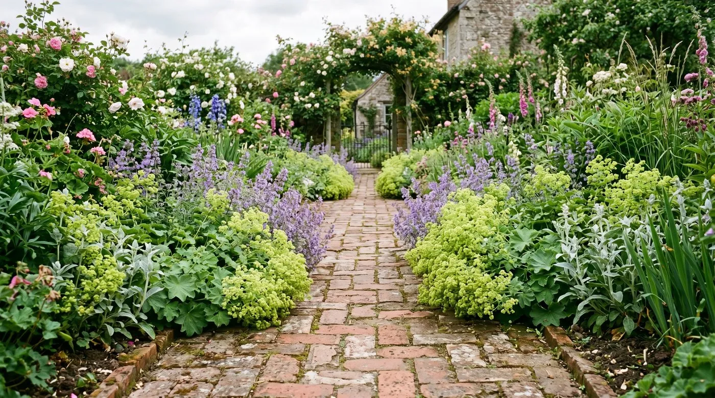 An informal brick path in an English country garden, with catmint and lady's mantle spilling over the edges to soften the line