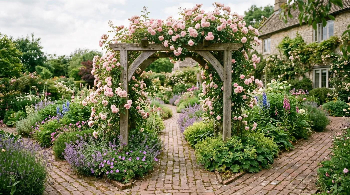 A pink climbing rose trained over a timber arch at a path junction in an English country garden, with planting spilling beneath