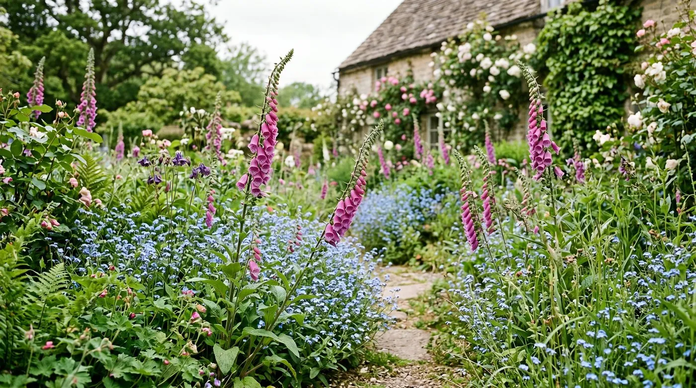 Self-seeded foxgloves and forget-me-nots weaving naturally through an English country garden border in early summer