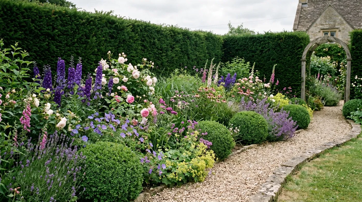 A classic English country garden border with billowing perennials held together by clipped box balls and a yew hedge behind