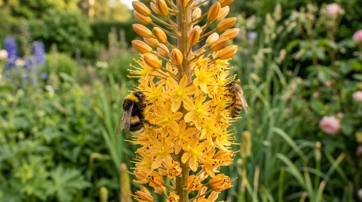Bumblebees feeding on the densely packed star-shaped flowers of an orange-yellow Eremurus stenophyllus spike