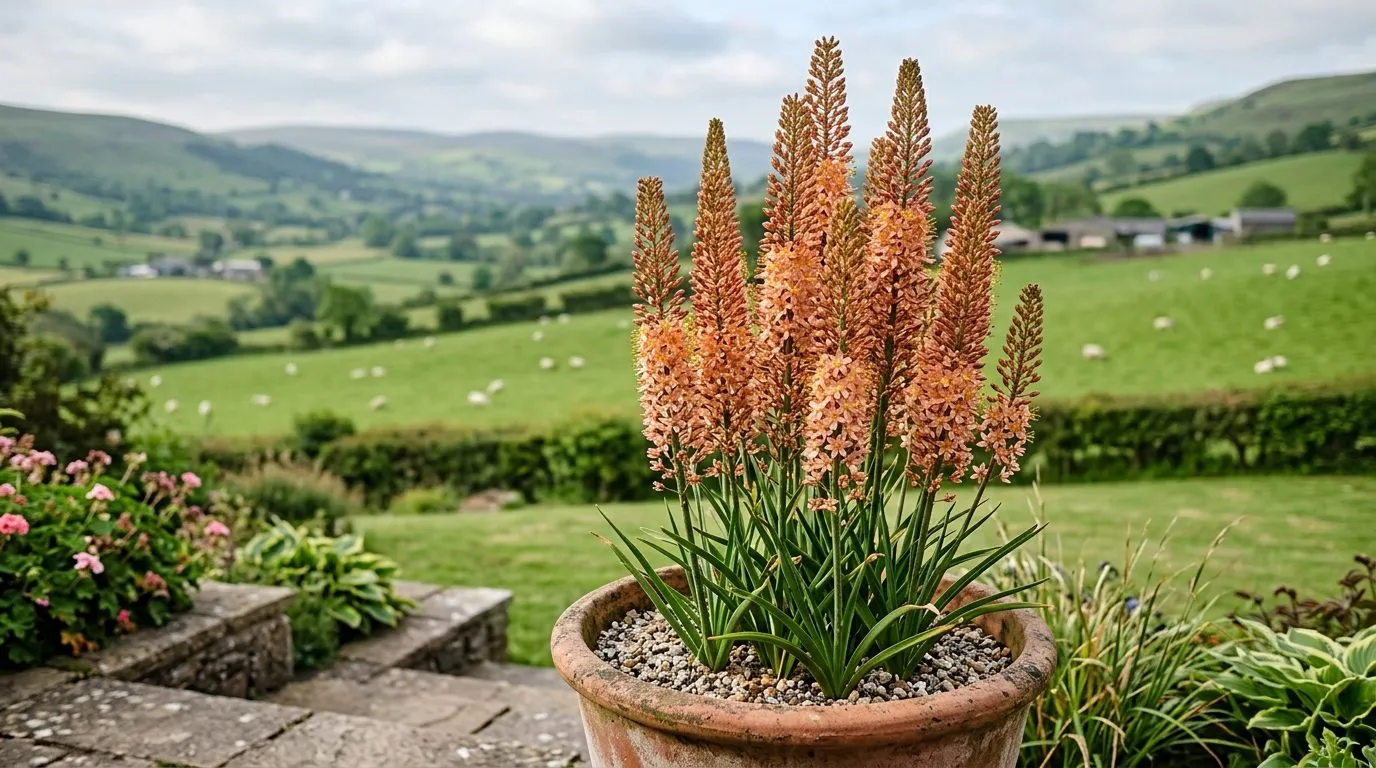 Pale Eremurus Cleopatra foxtail lily spikes in a terracotta container on a sunny patio with a Welsh valley behind