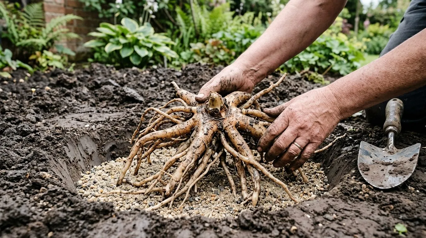 Fleshy starfish-shaped Eremurus crown with radiating roots placed on a sharp sand and grit bed in a planting hole