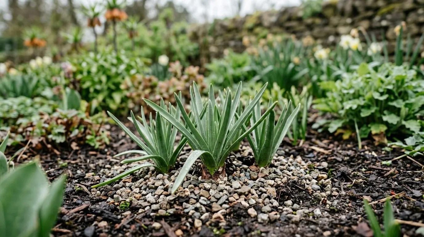 Emerging young Eremurus crowns in early spring with strap-shaped leaves pushing through gritty soil and a dusting of grit