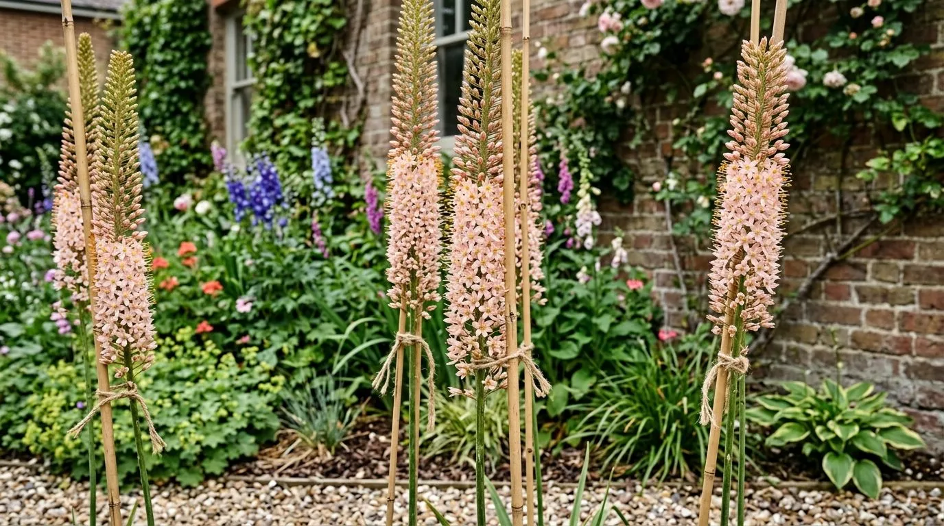 Tall Eremurus foxtail lily spikes supported by bamboo canes and jute ties in a sheltered suburban gravel border