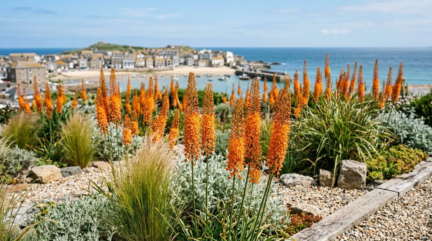 A drift of orange Eremurus stenophyllus foxtail lily spikes in a sunny seaside gravel garden with ornamental grasses