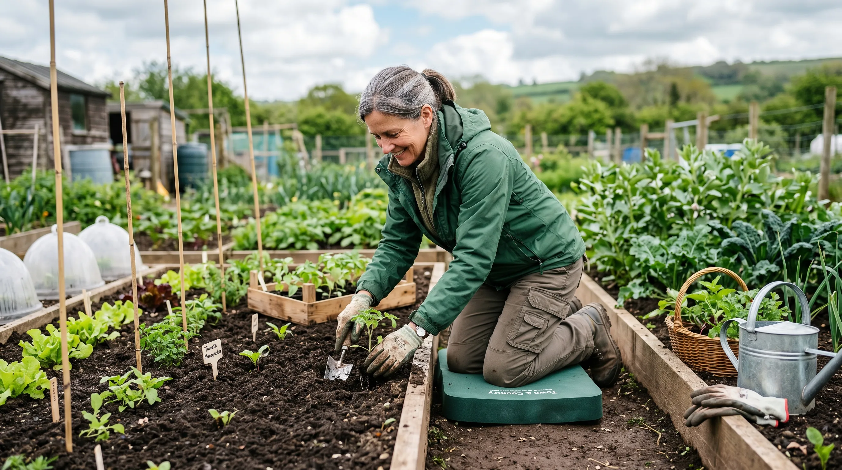 UK gardener kneeling on a foam garden kneeling pad while planting seedlings into a vegetable bed - back upright, weight on the pad