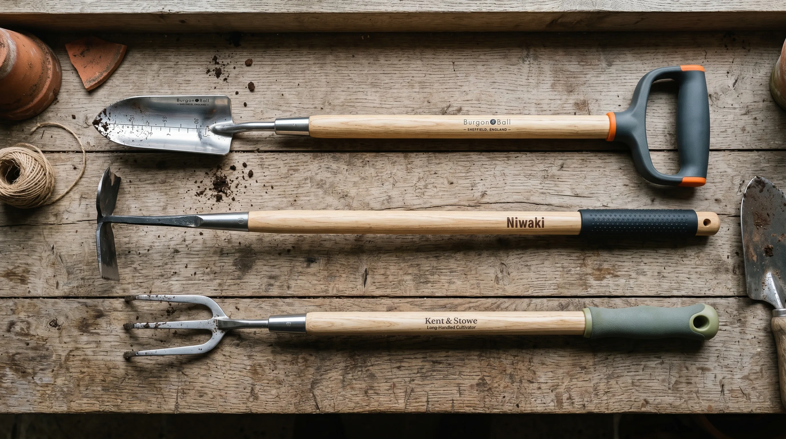 Three long-handled ergonomic UK garden tools on a wooden potting bench: long-handled bulb planter, extended-reach hoe, and long-handled cultivator with cushioned ergonomic grips