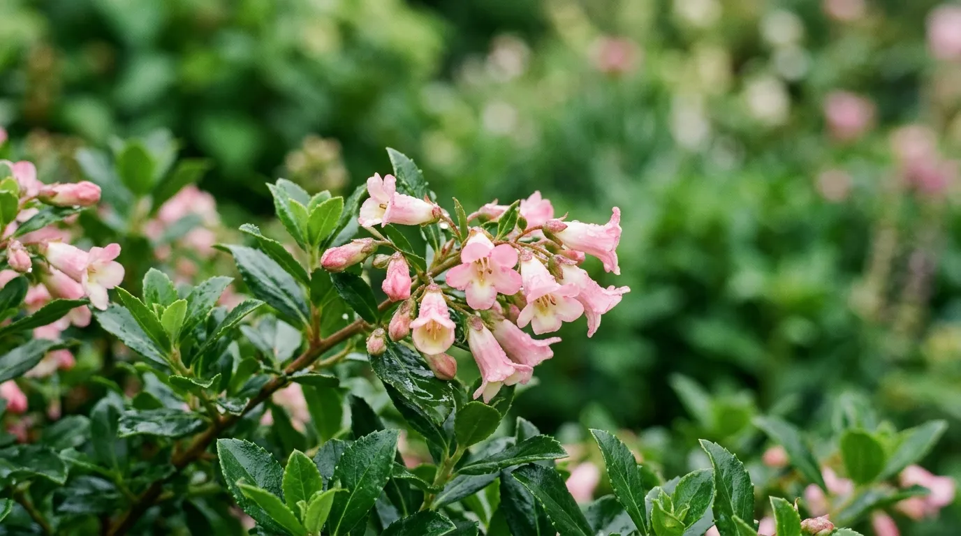 Escallonia Apple Blossom with pink and white flowers in a sheltered UK garden border