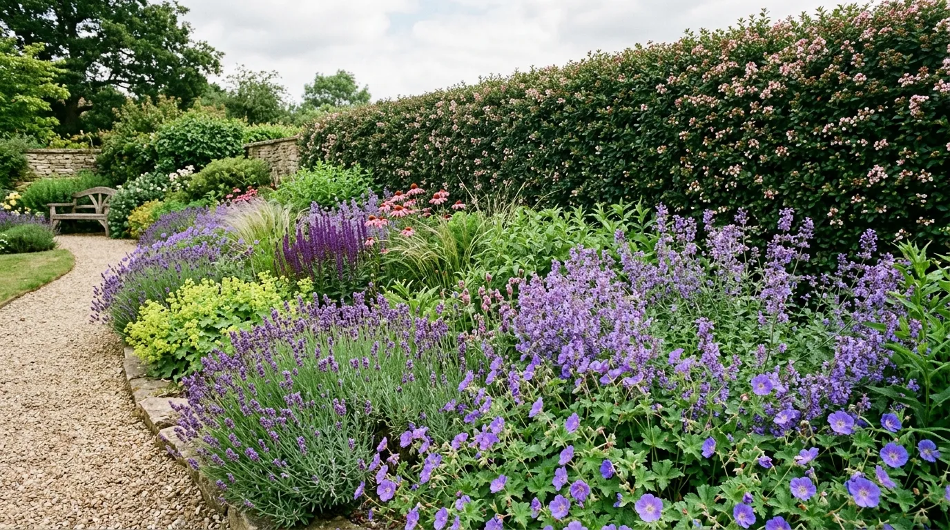 Escallonia planted alongside lavender and hebe in a sunny UK garden border