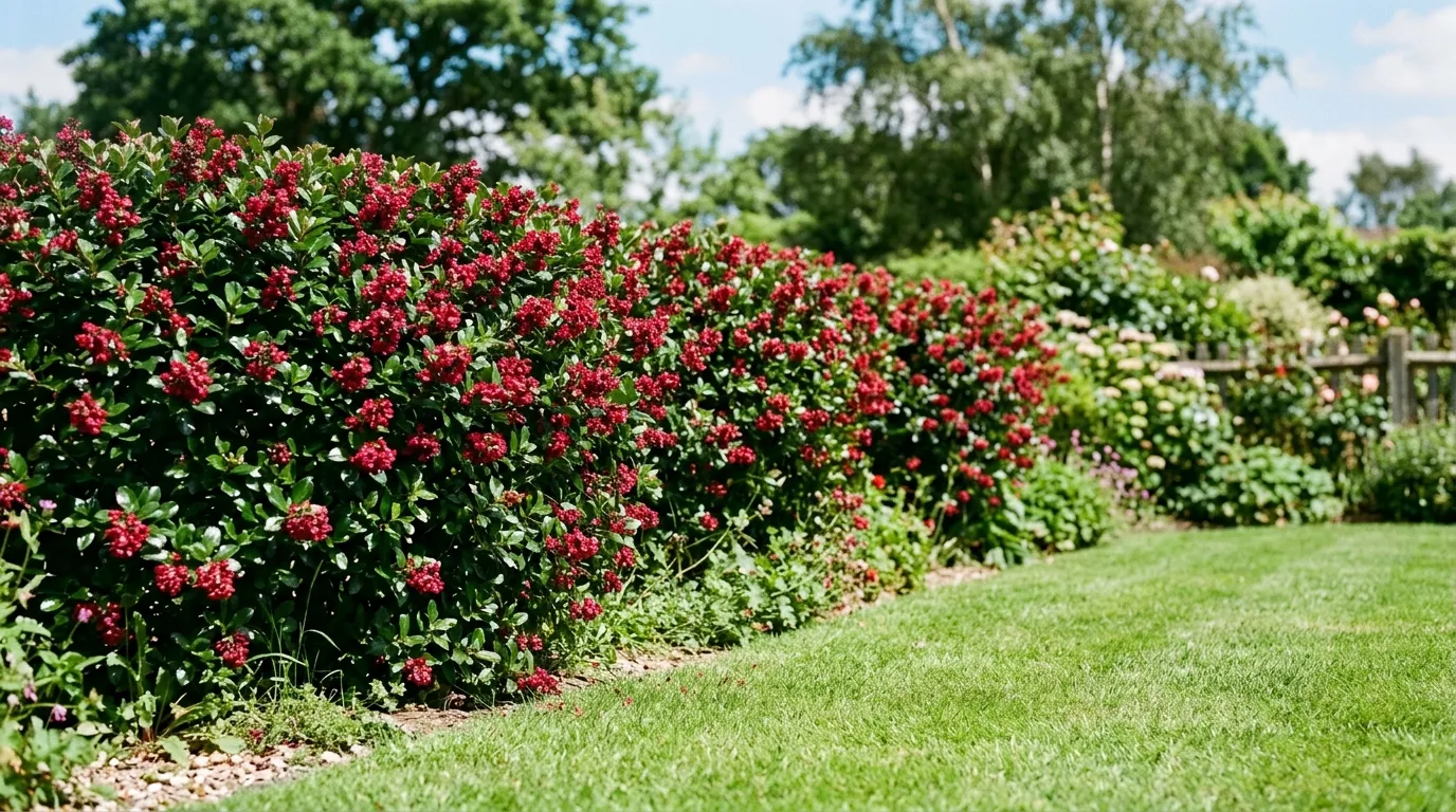 Escallonia Crimson Spire with deep red flowers forming a tall hedge in a UK garden