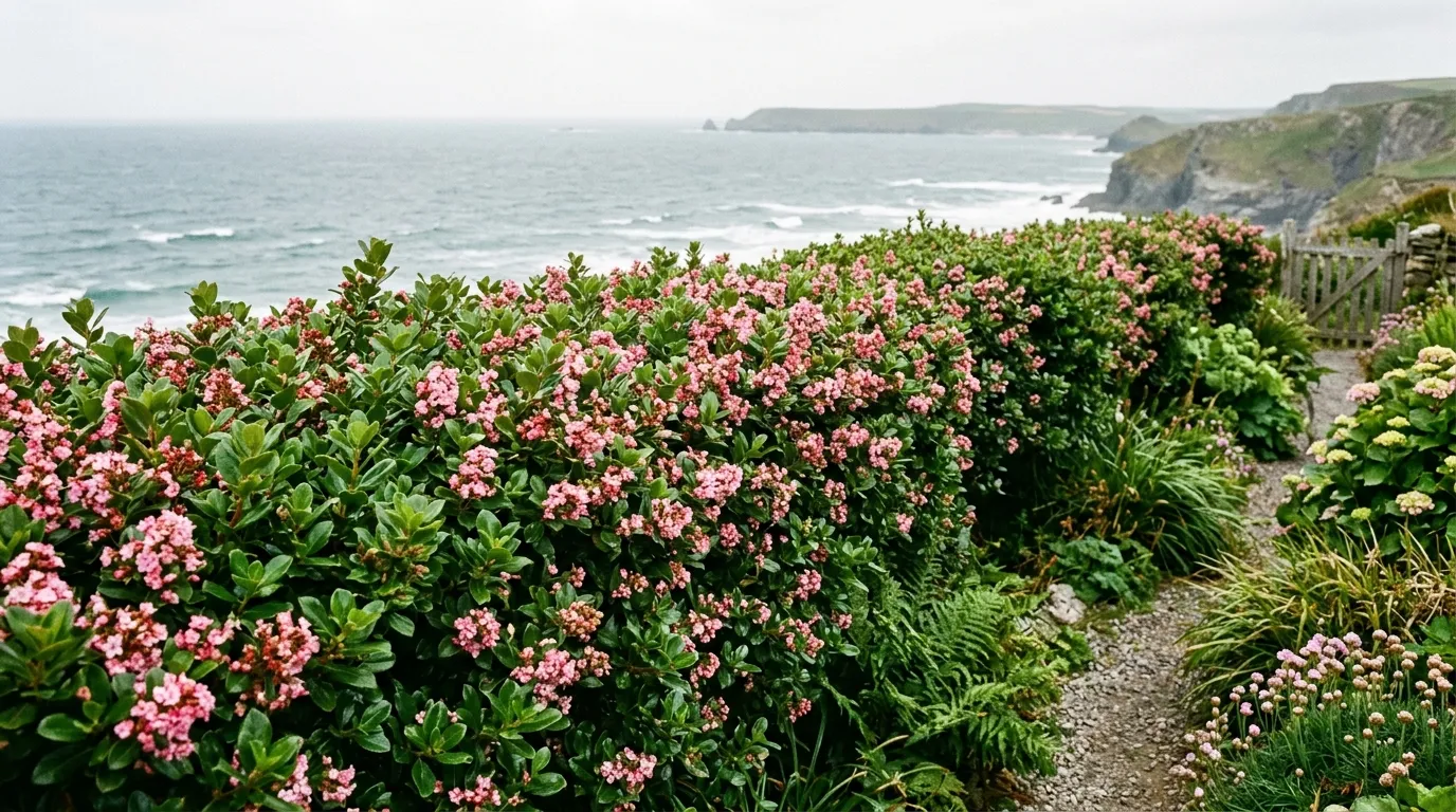 Escallonia hedge in full pink flower lining a coastal UK garden path with the sea visible beyond