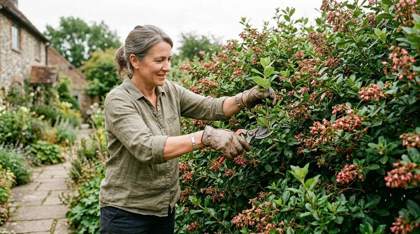 Escallonia shrub being pruned with secateurs after summer flowering in a UK garden