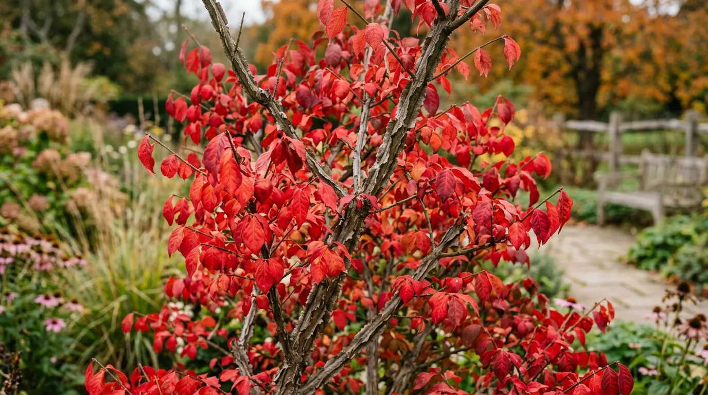 Euonymus alatus winged spindle with fiery red autumn foliage in a UK garden with corky winged stems