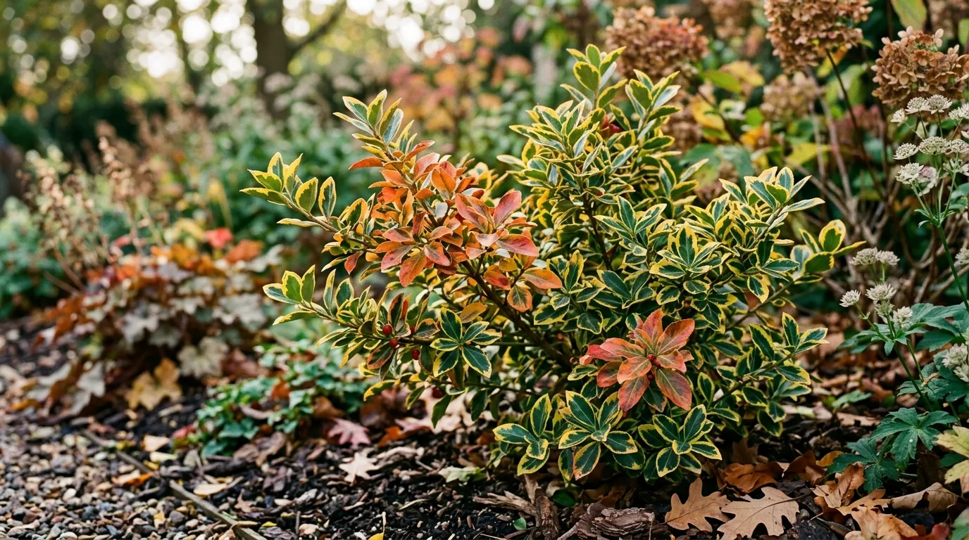 Euonymus fortunei Emerald n Gold with bright gold and green variegated foliage in a UK garden border in autumn