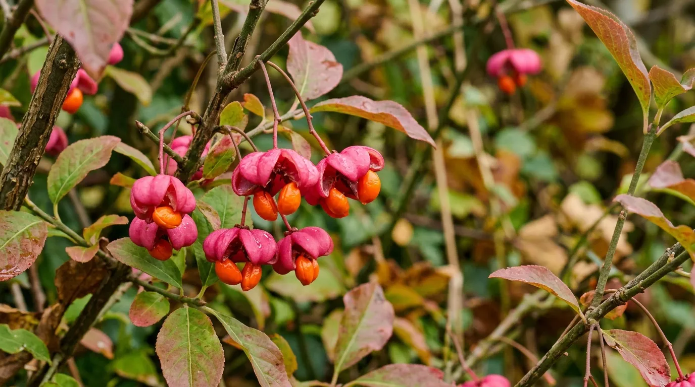 Euonymus europaeus Red Cascade with pink seed capsules and orange seeds in a UK autumn garden hedgerow