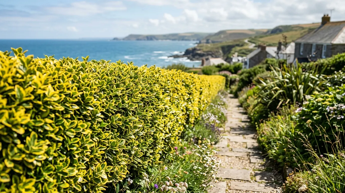 Euonymus japonicus aureomarginatus forming a bright gold-variegated evergreen hedge along a UK coastal garden path