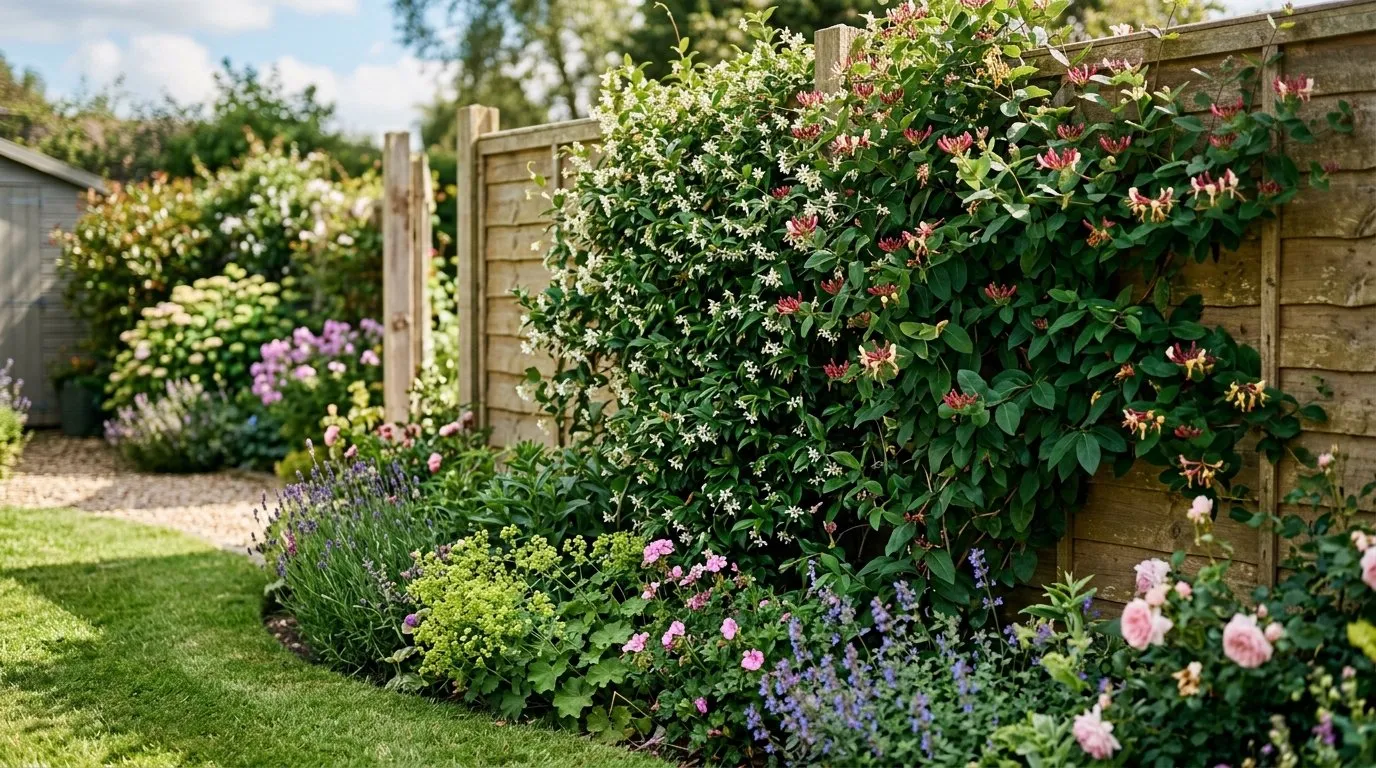 Evergreen climbers combined on a garden fence showing jasmine and honeysuckle growing together for year-round cover