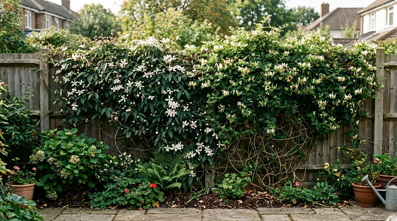 Evergreen climbers combined on a garden fence showing jasmine and honeysuckle growing together for year-round cover