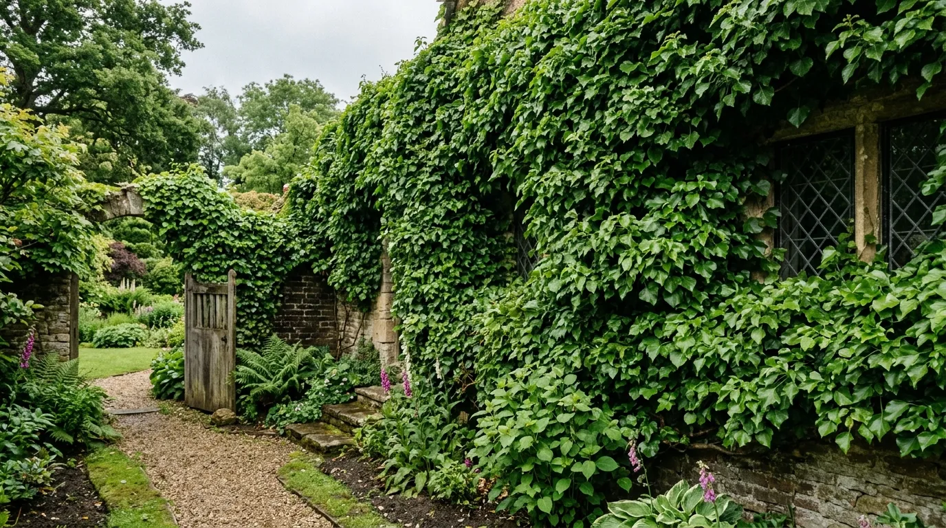 Ivy evergreen climber covering a north-facing garden wall providing year-round screening in winter